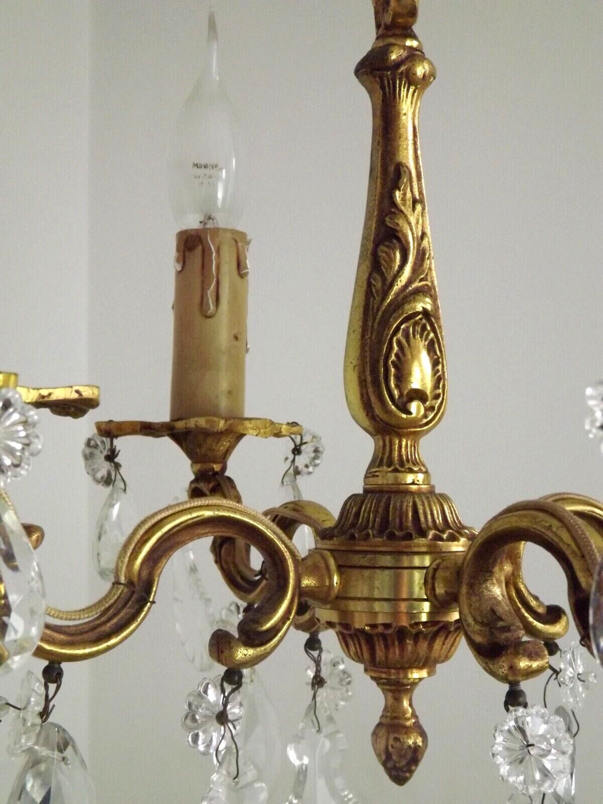 Vintage french brass 4 light chandelier assorted faceted crystal 4007