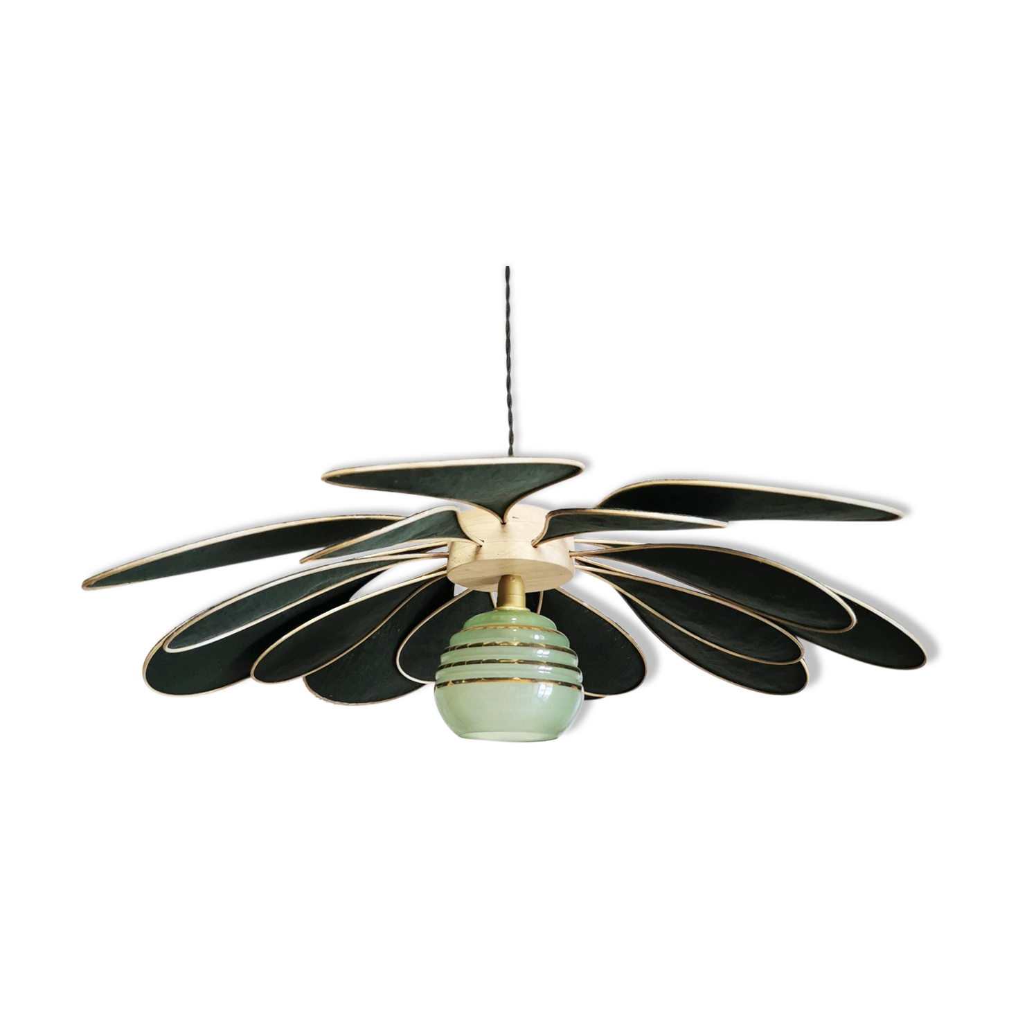 Suspension flower petals linen and rattan, vintage globe