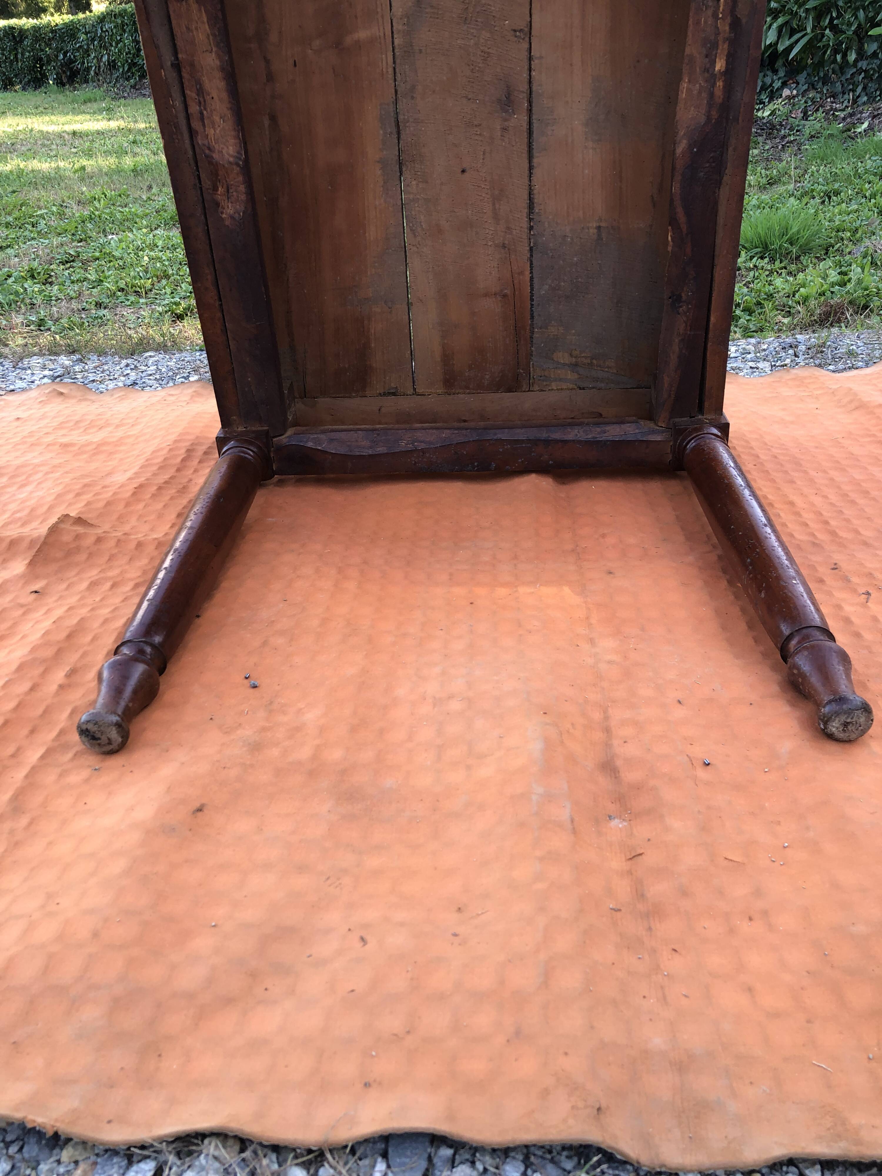 Antique cherry wood farm table with turned base with 2 drawers and 1 pull