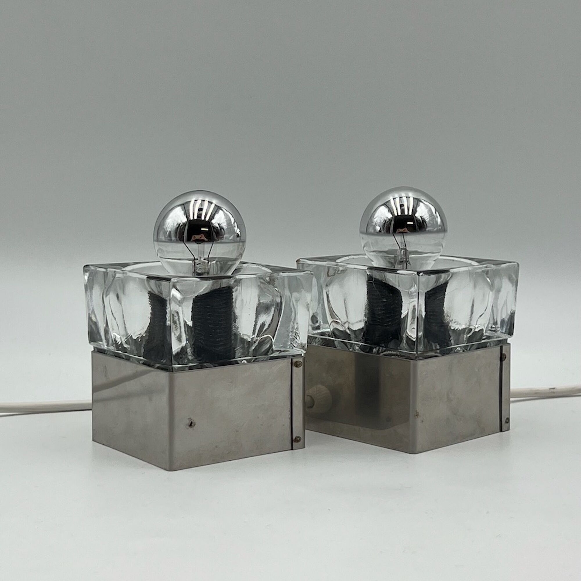 Cubic metal and glass bedside lamps, 70s