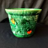 Cache-pot vintage en barbotine poët-laval modèle vannerie vert et touches de couleurs