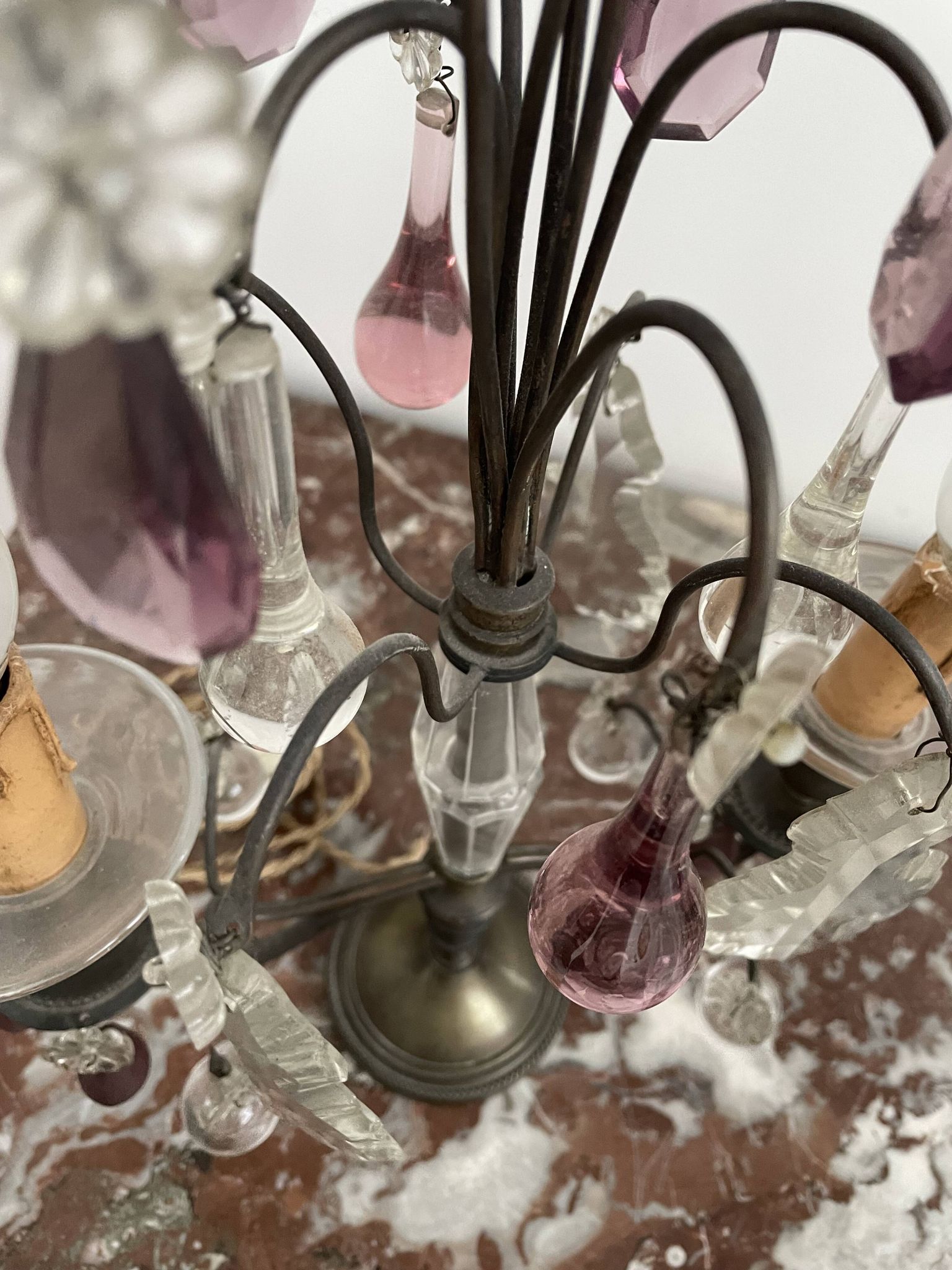 pair of chandeliers, lamp, silver-plated metal, crystal, tassels, florets, pendant, rosettes