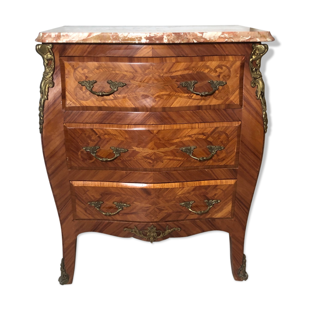 Commode table de nuit Louis XV bois de rose marqueterie marbre | Selency