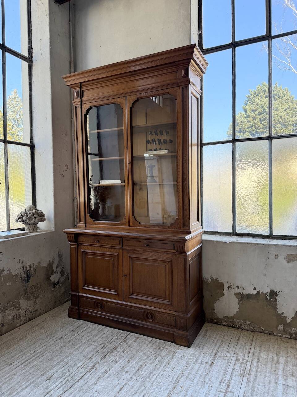 Antique XL Napoleonic oak glass bookcase, 19th century