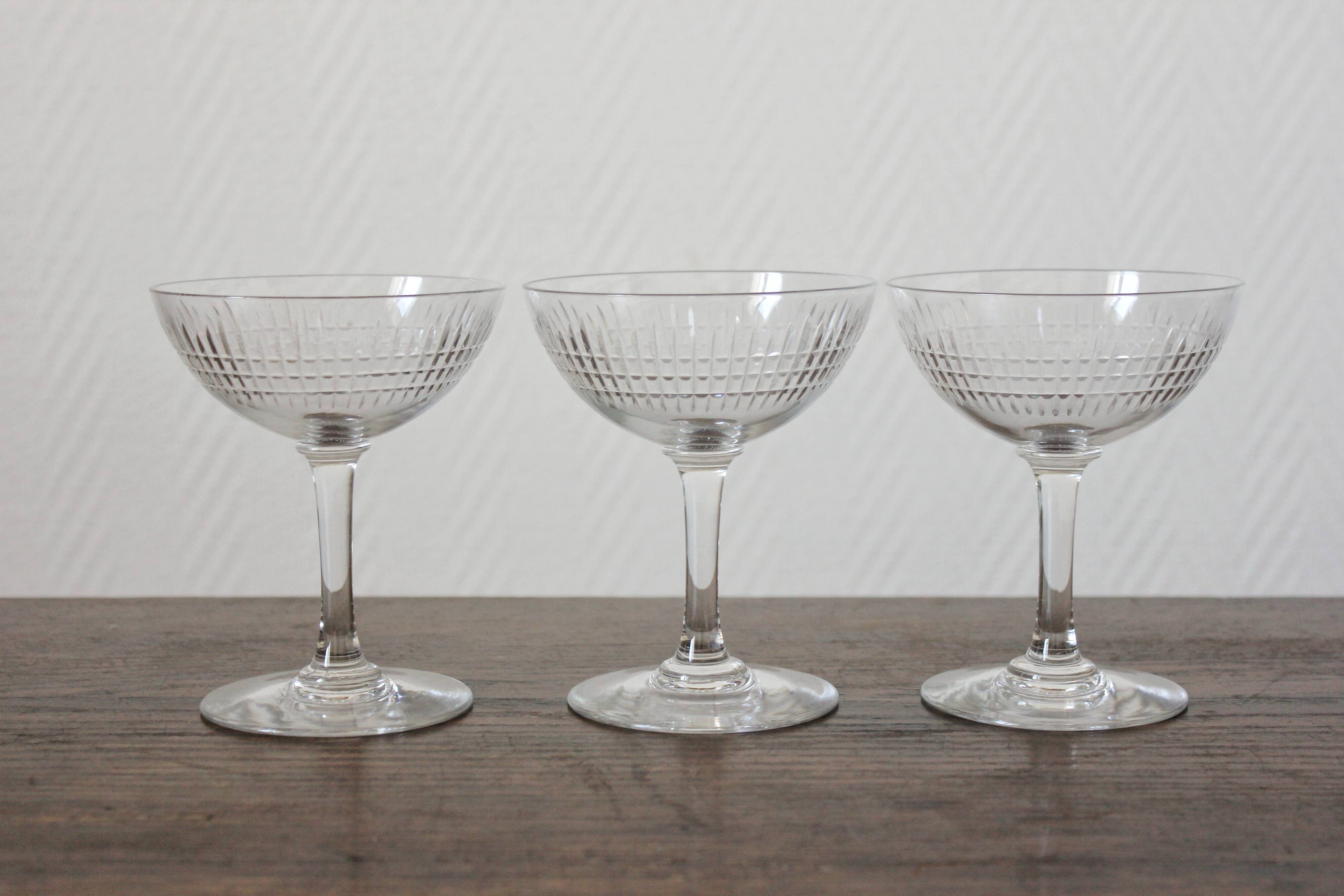 3 antique champagne glasses in ridged engraved crystal