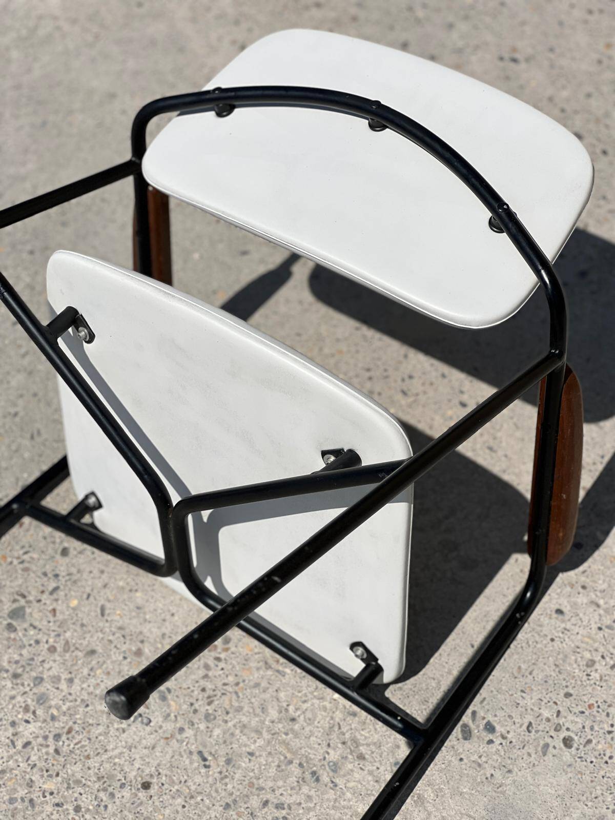 Vintage 1950s metal, oak and faux leather armchair