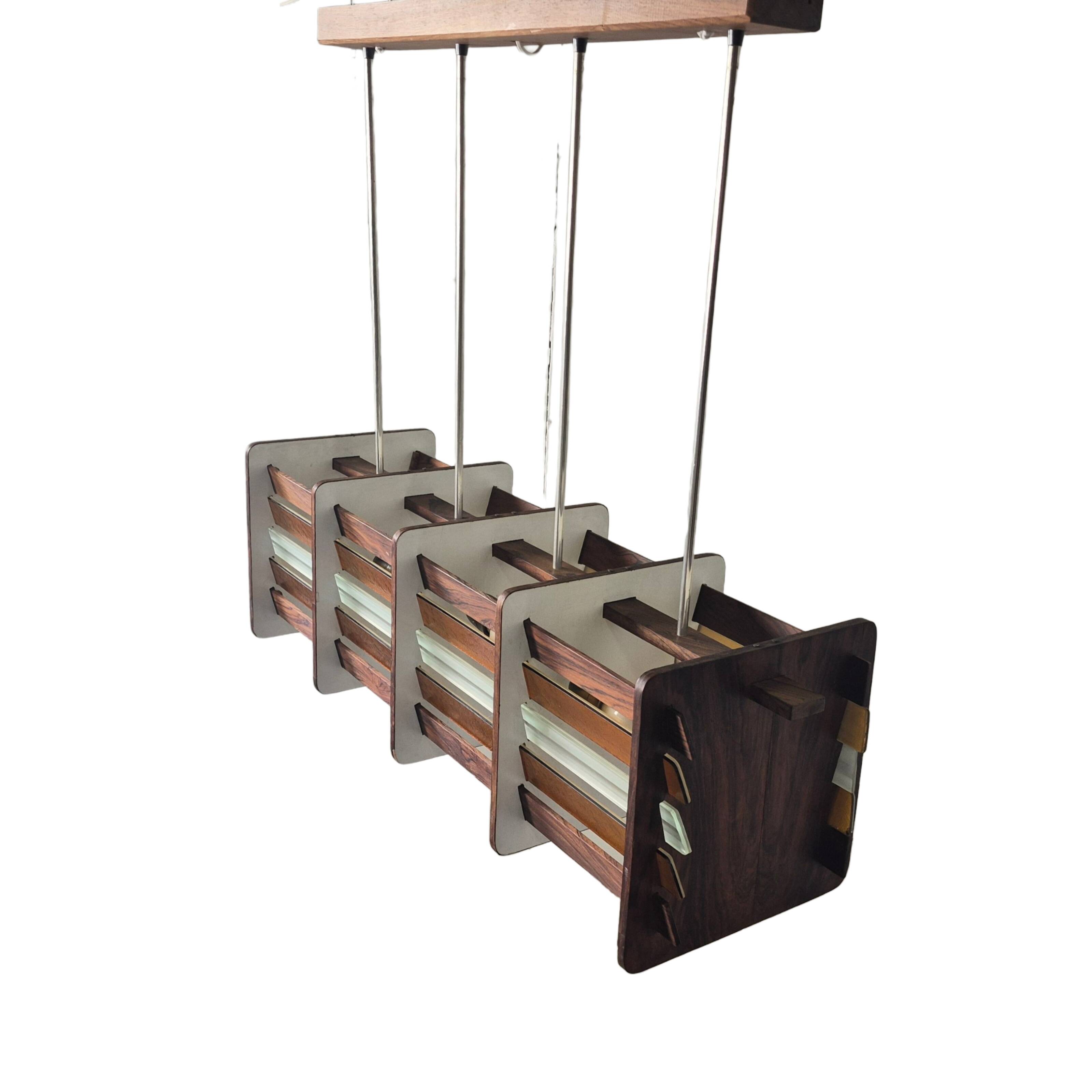 Mid century handcrafted wood and glass chandelier: Netherlands 1960s