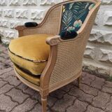 Cane and velvet armchair