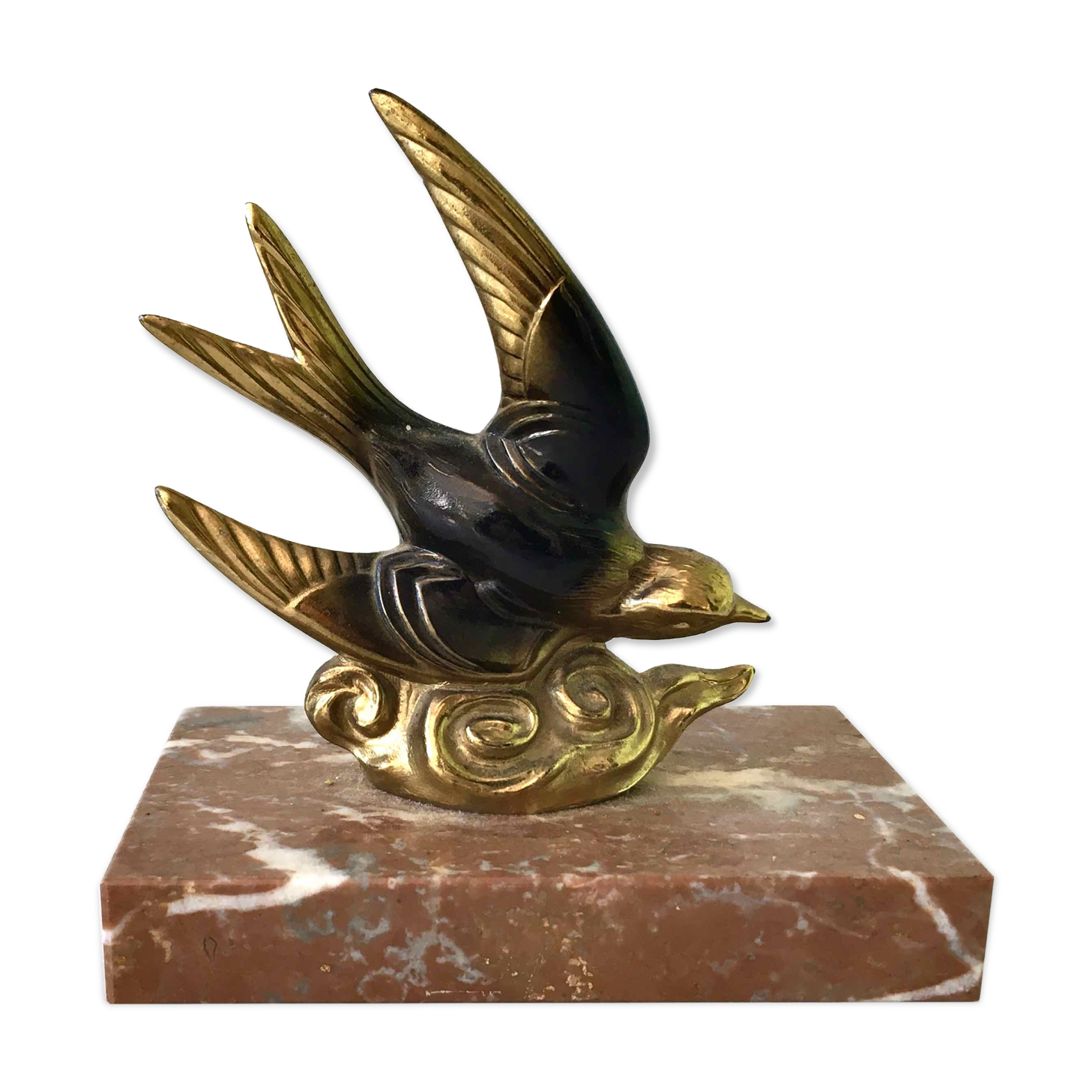 Marble swallow and brass paperweight