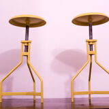 Pair of yellow lacquered metal stools, Restaurati, Italy 70's