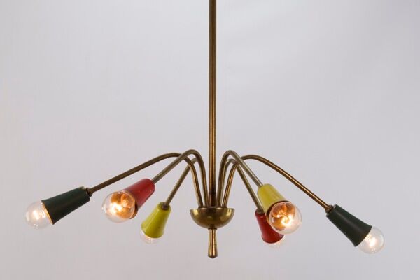 Vintage chandelier 1950, 6 arms, brass and colors, 60cm in diameter