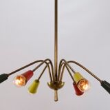 Vintage chandelier 1950, 6 arms, brass and colors, 60cm in diameter