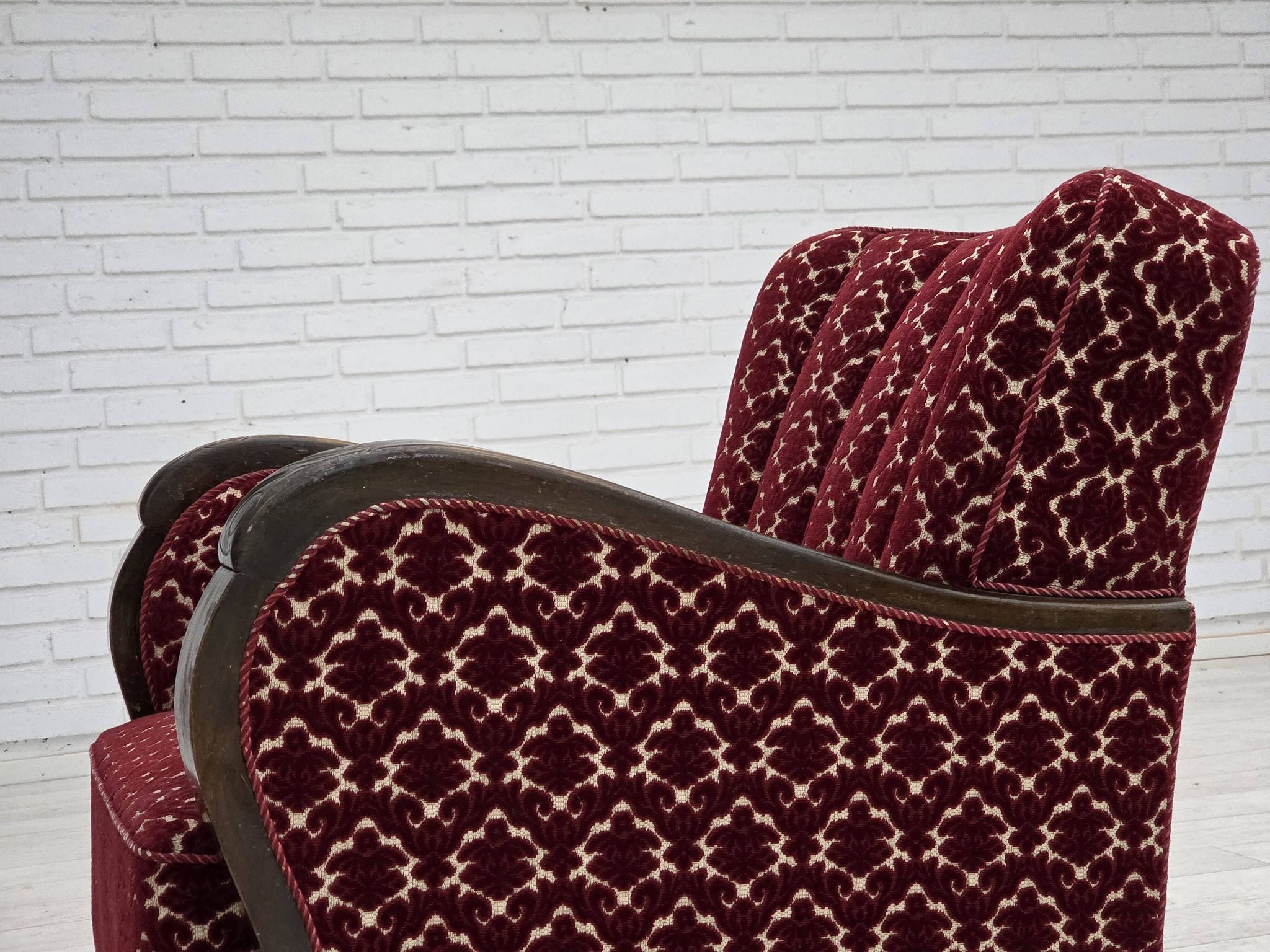 1960s, Danish armchair, cherry-red furniture velour, oak wood.