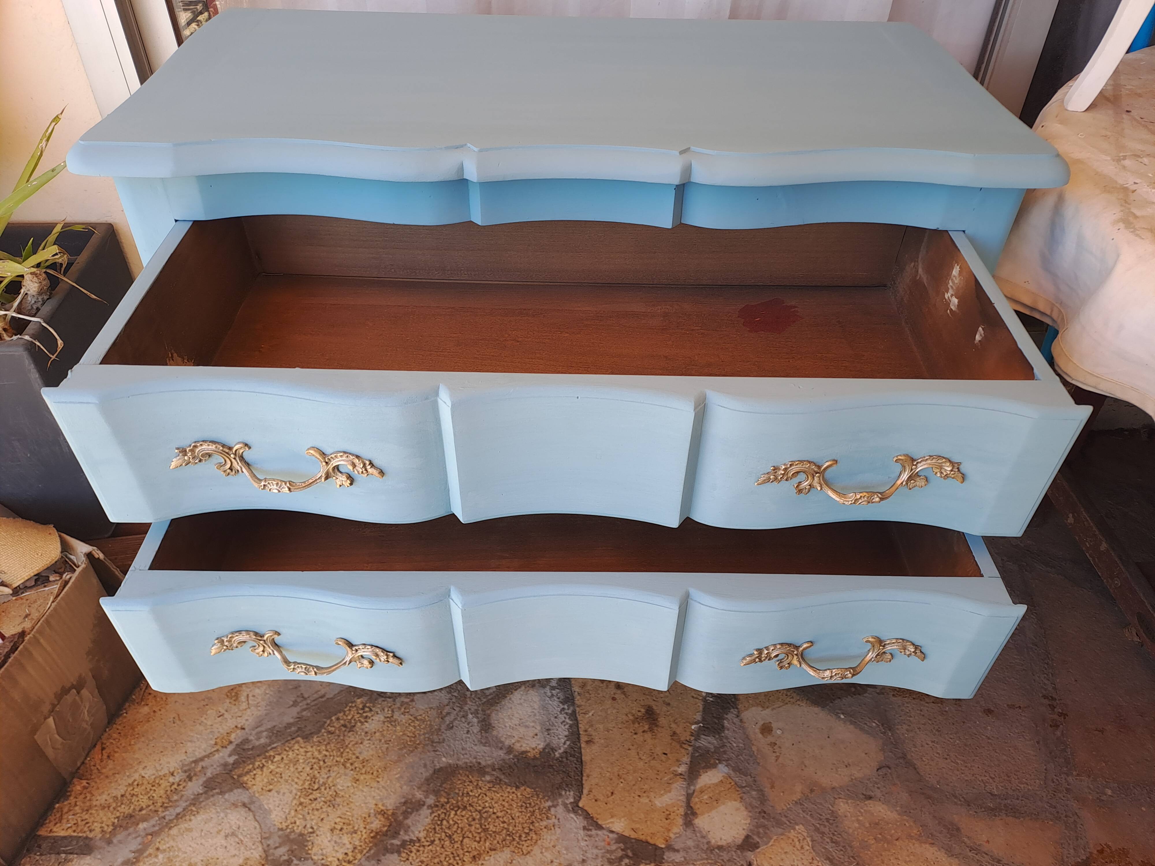 Louis XV style solid wood chest of drawers repainted in lagoon blue with 2 drawers