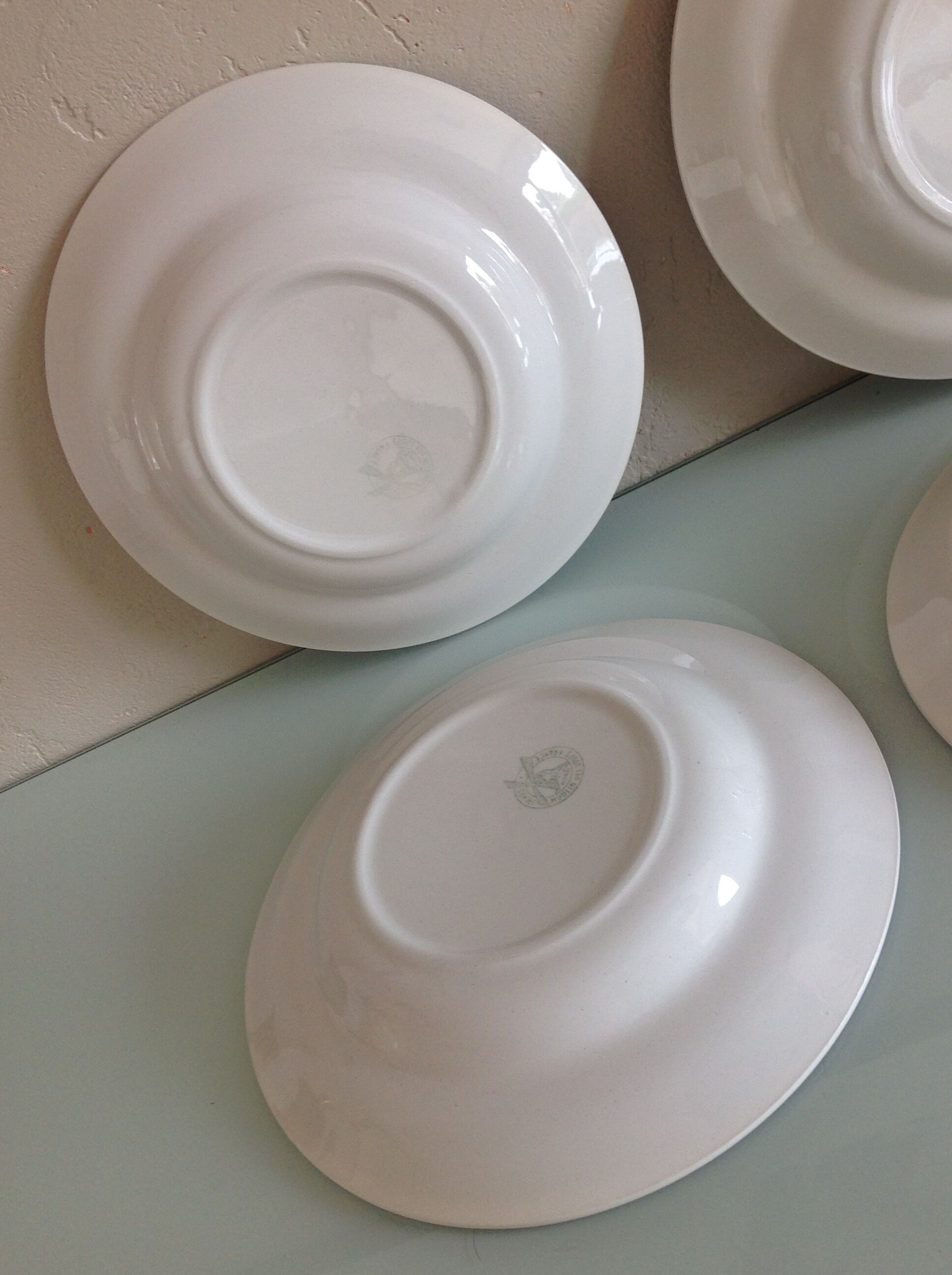 Suite of six white hollow plates with blue flowers by Moulin des Loups / vintage years 50-60