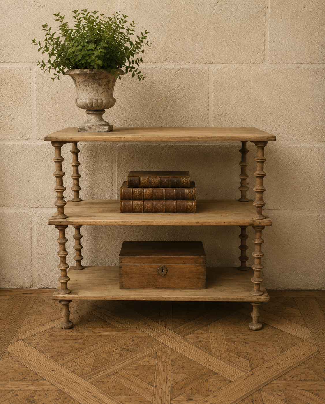 Natural wood display shelf with three tiers