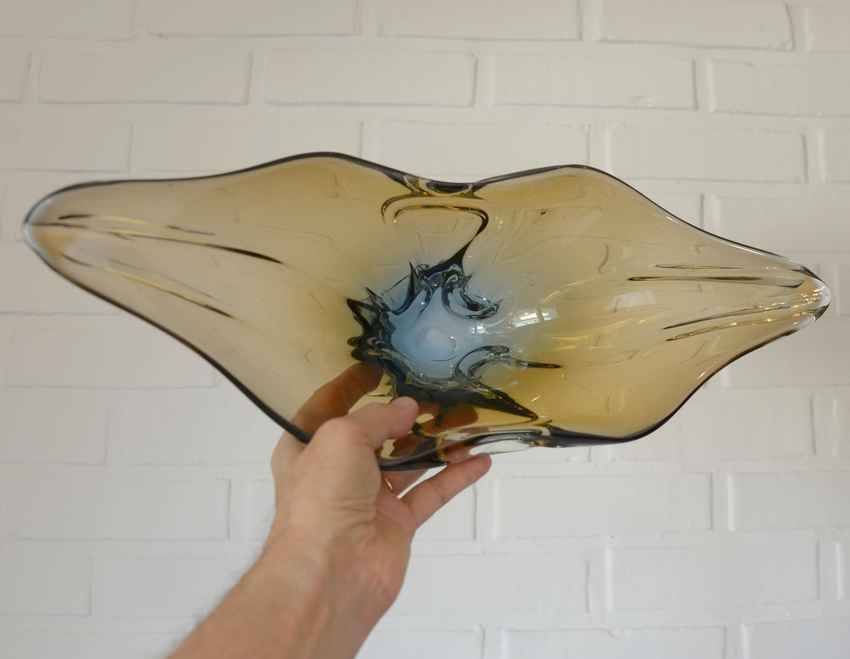 Vintage Art Glass Bowl, Hand Blown Murano Style, Yugoslavia 1960s, Large Centerpiece