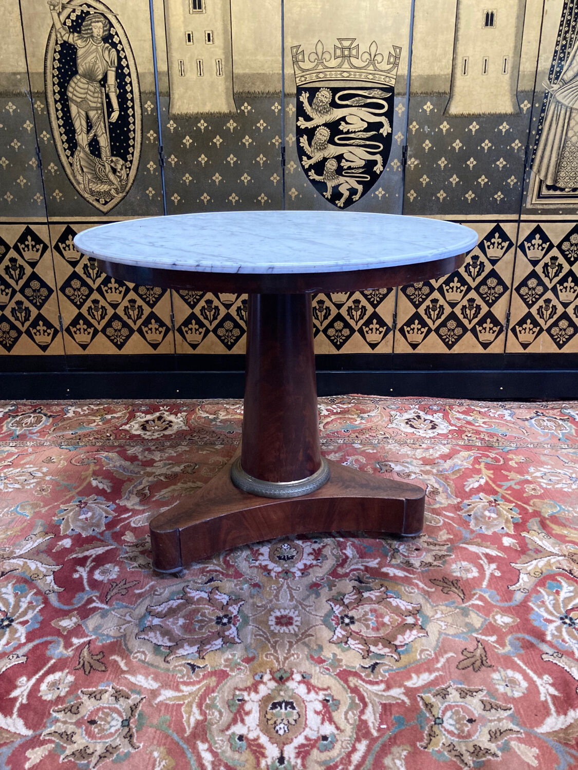 Mahogany pedestal table with marble top veneer