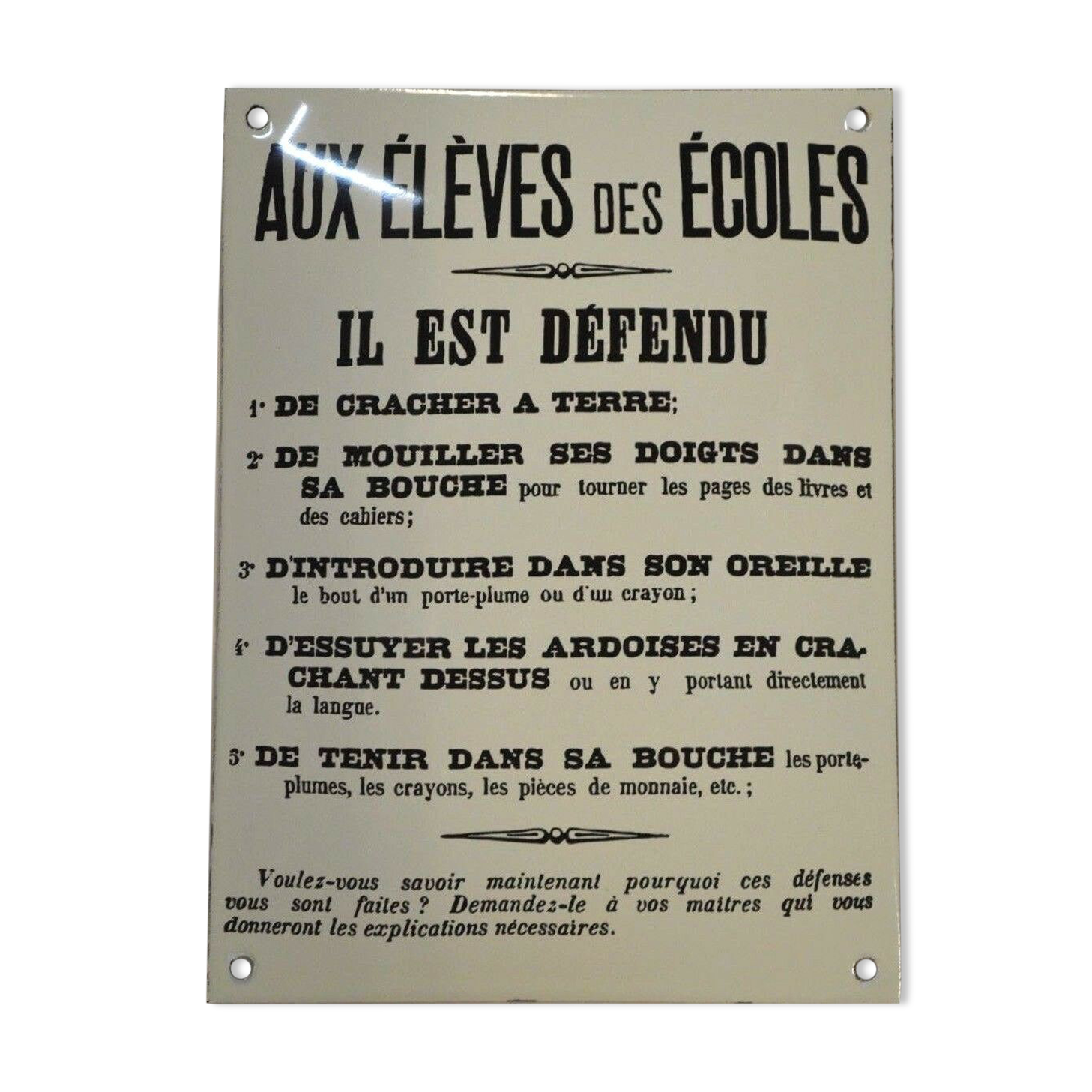 Enamelled plaque "to school pupils"