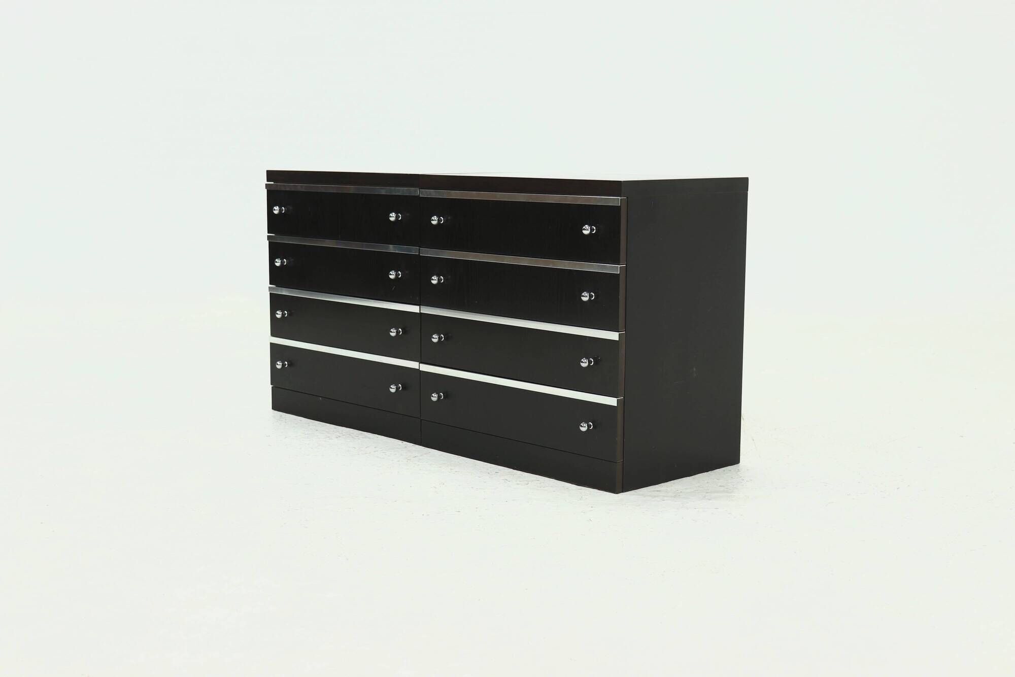 Pair Chest of Drawers in Ebonized Wood with Aluminium Accents 1980s
