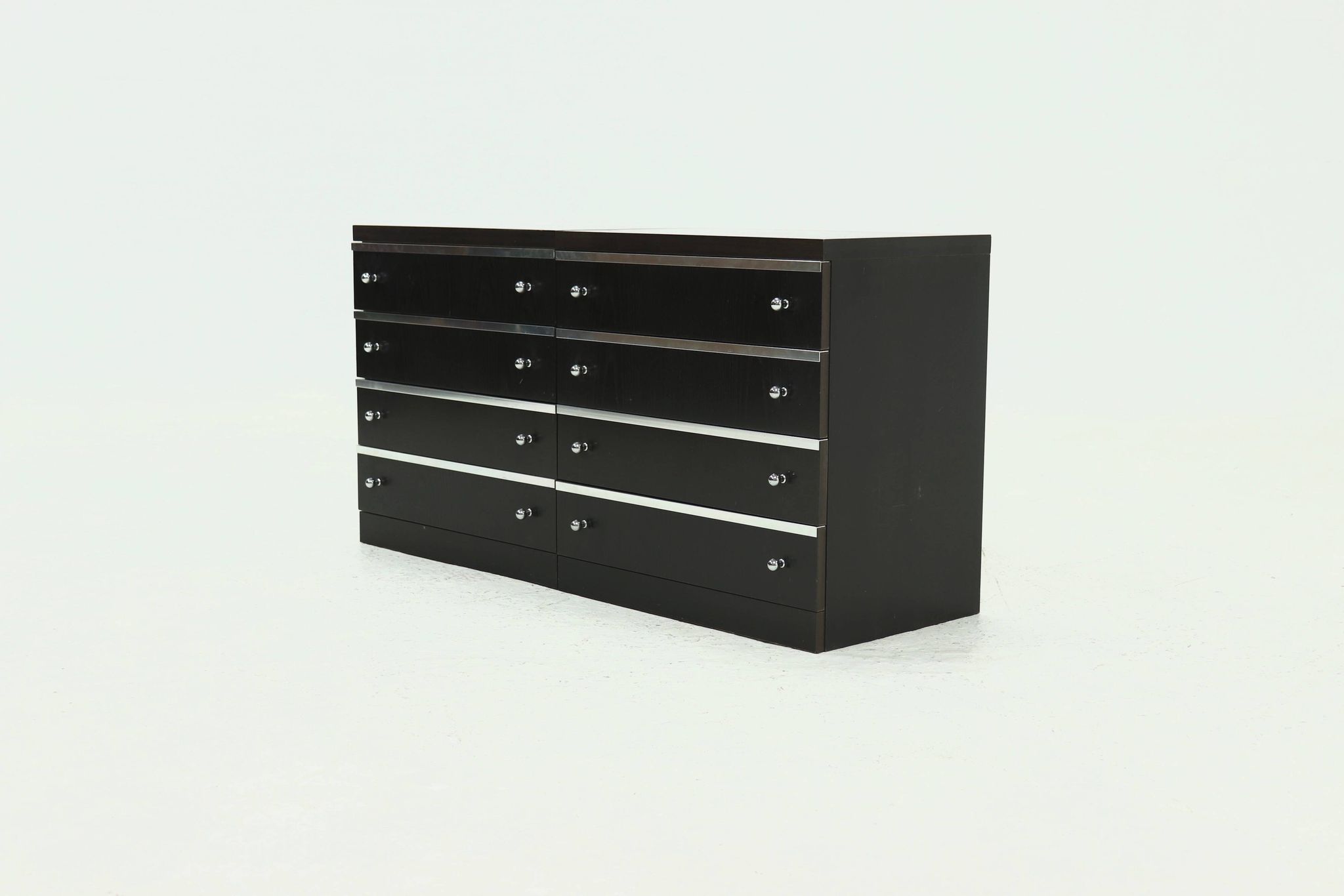 Pair Chest of Drawers in Ebonized Wood with Aluminium Accents 1980s
