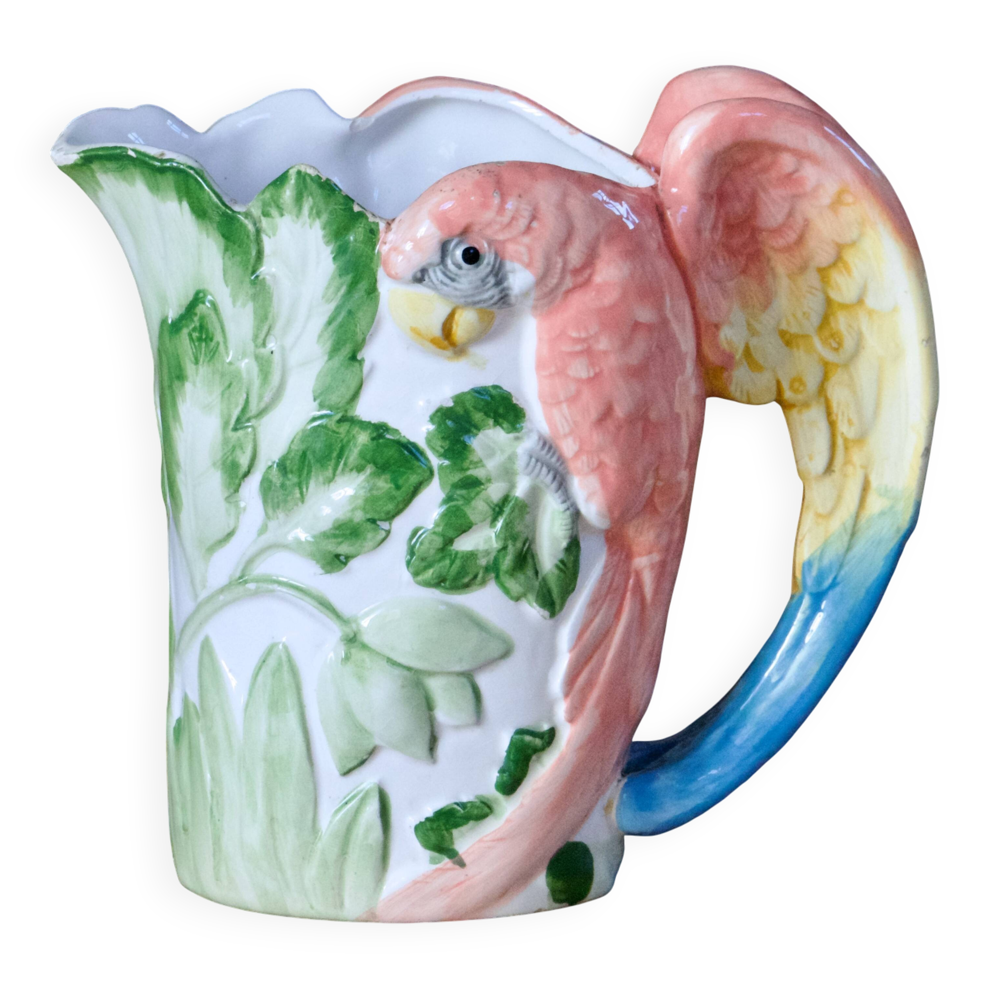 Vintage carafe in animal-shaped barbotine, parrot Ara.