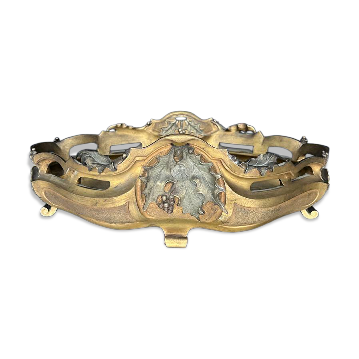 Art Nouveau jardinière in gilded bronze with holly decoration, signed E. Gros.