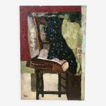 tableau huile sur toile nature morte chaise signée années 50