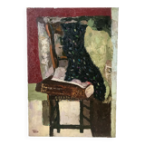Oil painting on canvas Still life chair signed 50s