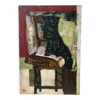 Oil painting on canvas Still life chair signed 50s