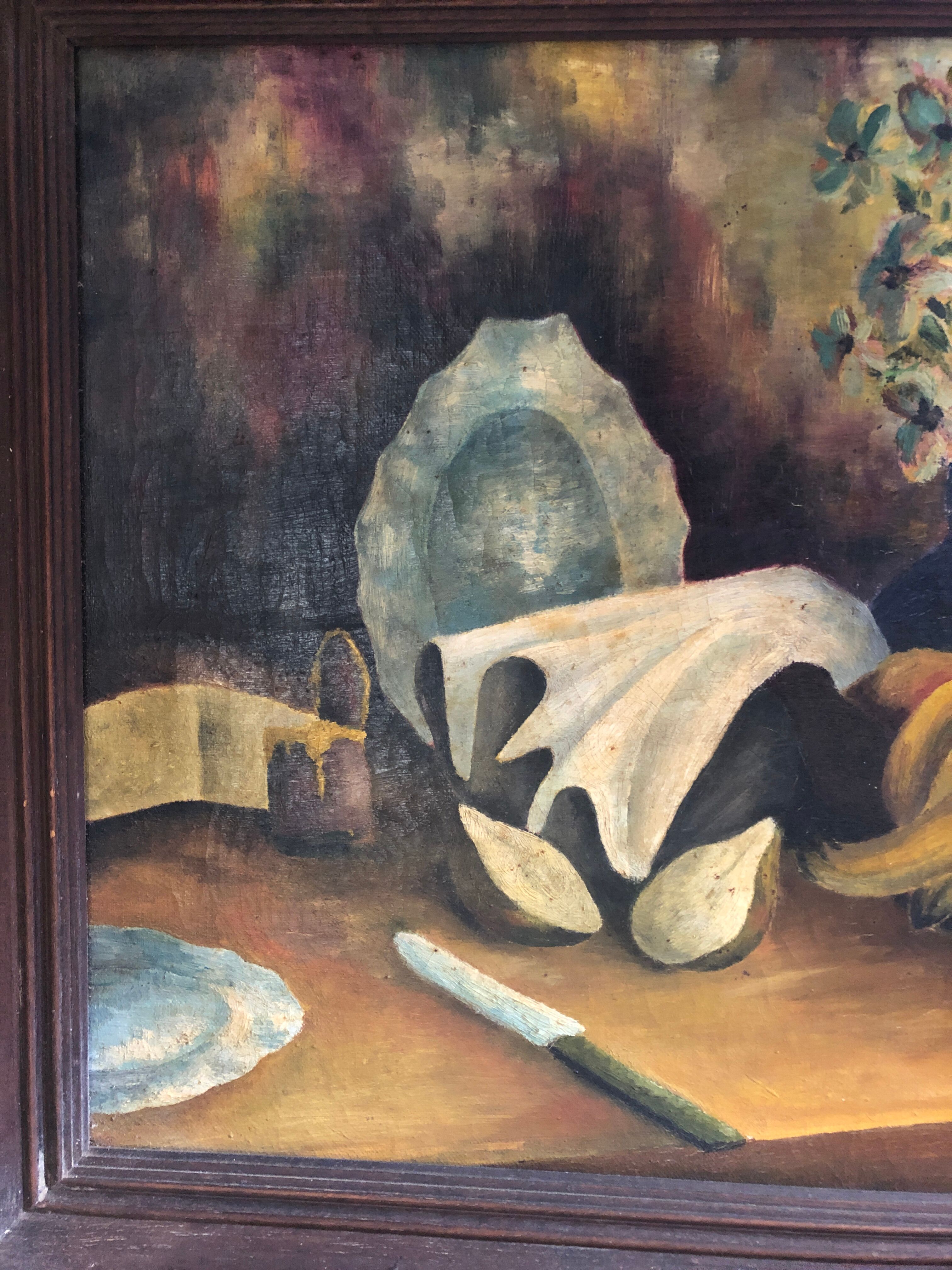 Painting old oil on canvas m. preaux still life + vintage wood frame