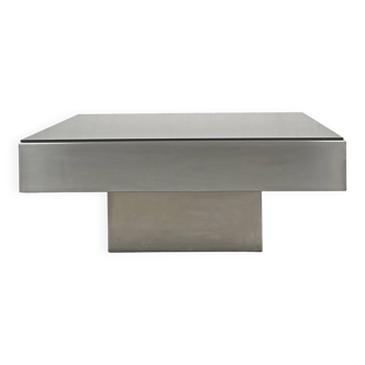 Table basse vintage chromée, acier inoxydable et verre brun