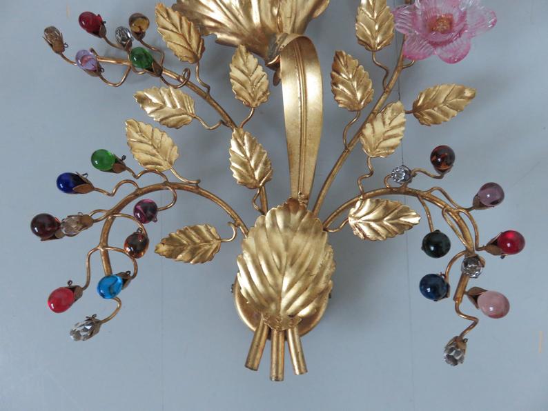 Wall light flower Hans Kogl in gold metal and pearls 70s