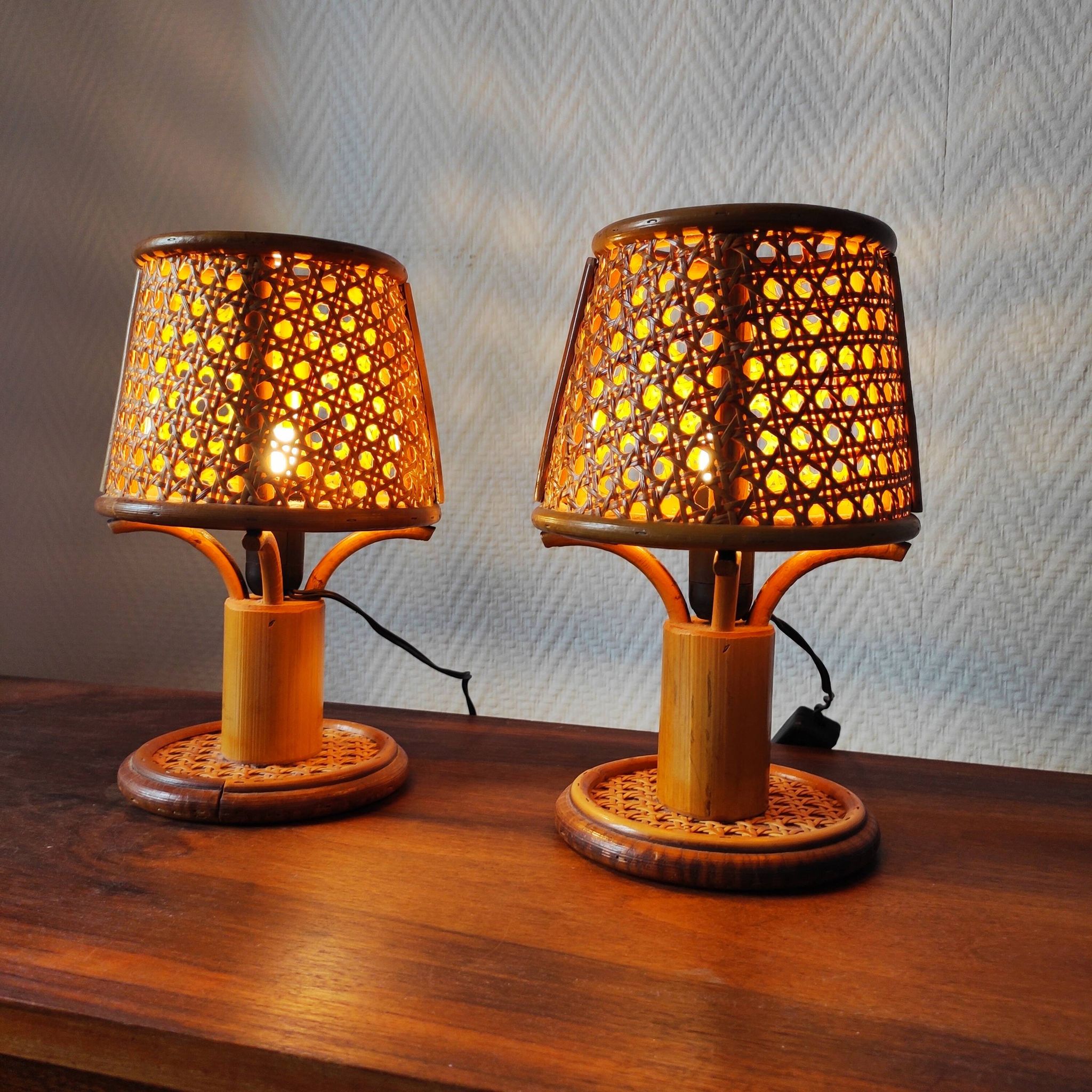 Paire de lampes vintage en rotin