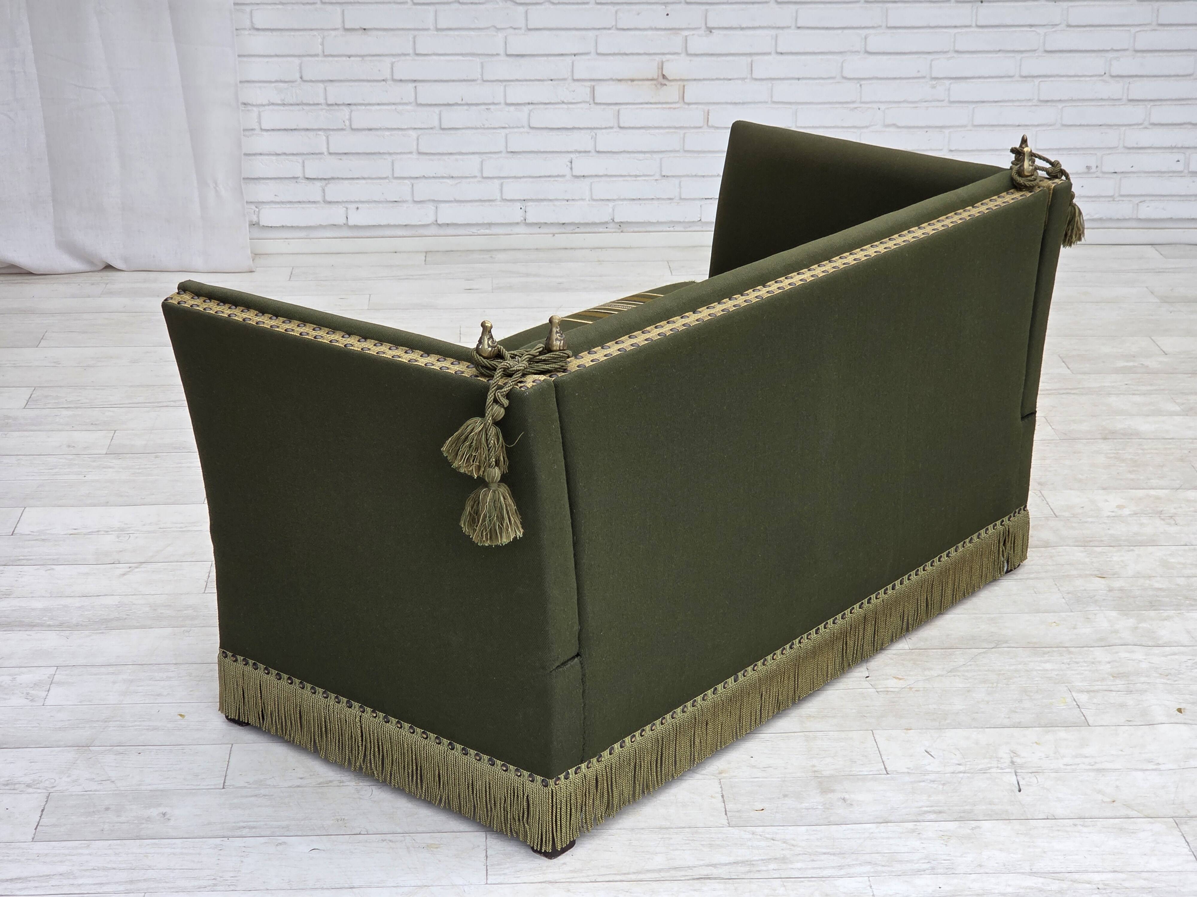 1970s, Danish 2-seater drop arm "Spanish" sofa, furniture wool.