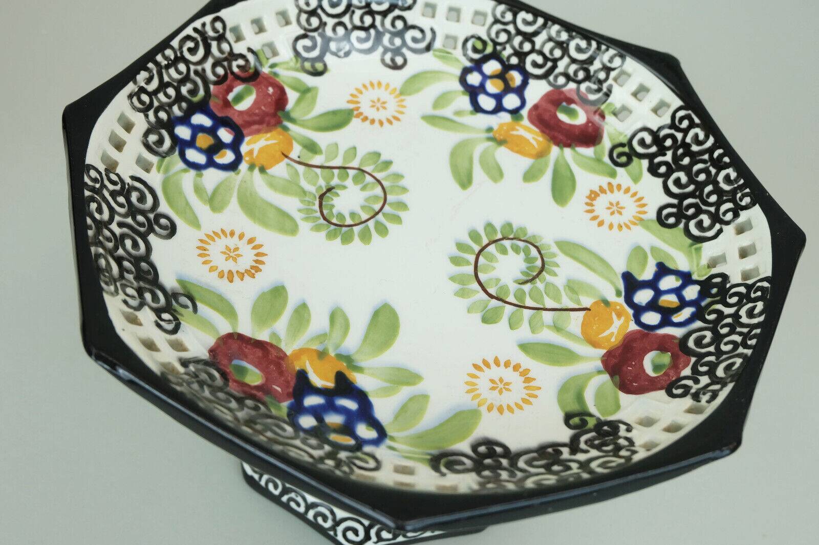 octagonal art deco BOWL footed bowl schramberg majolika 1920s hand-painted decor