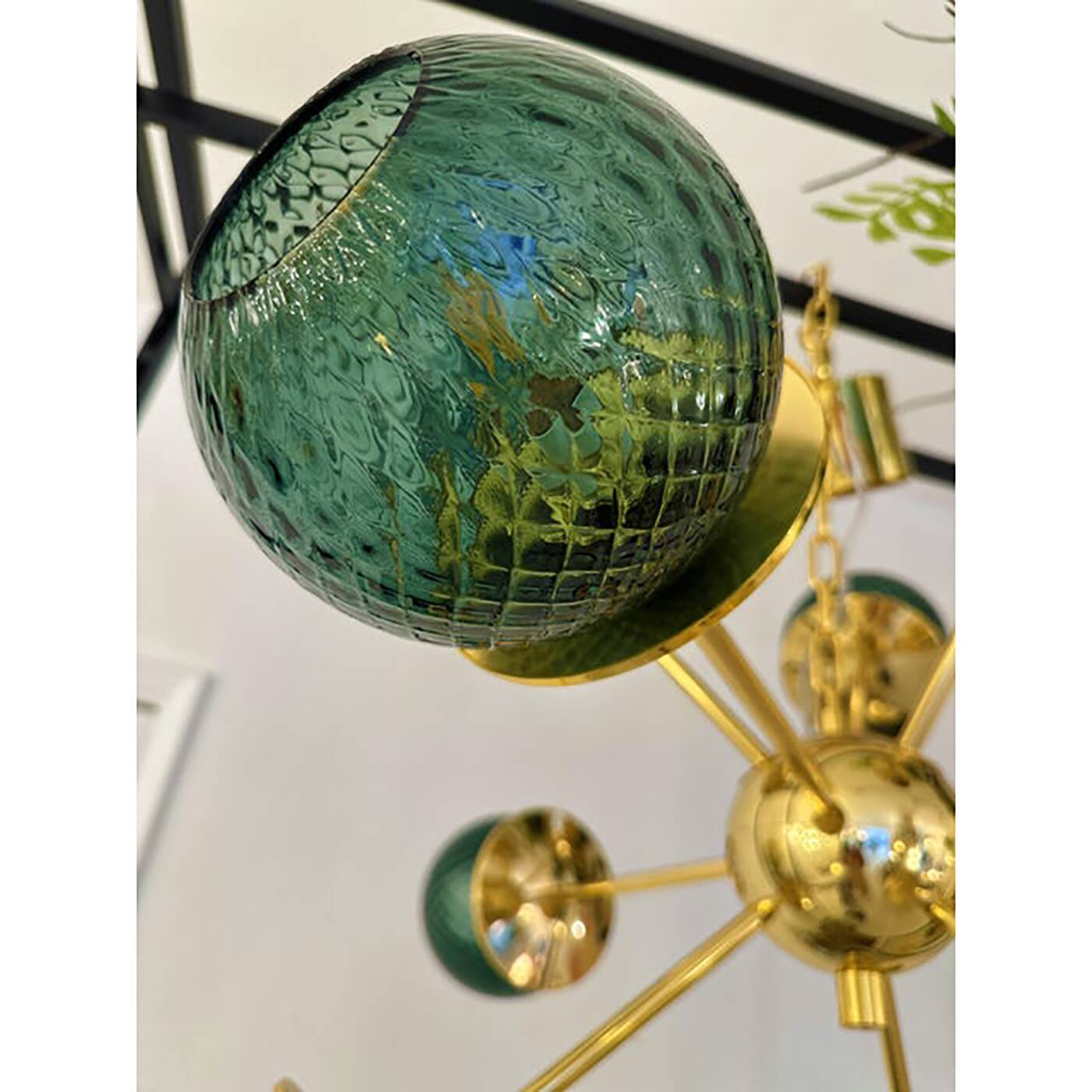 Italian Gold Chandelier Sputnik in Murano Glass Style Green "Balloton"