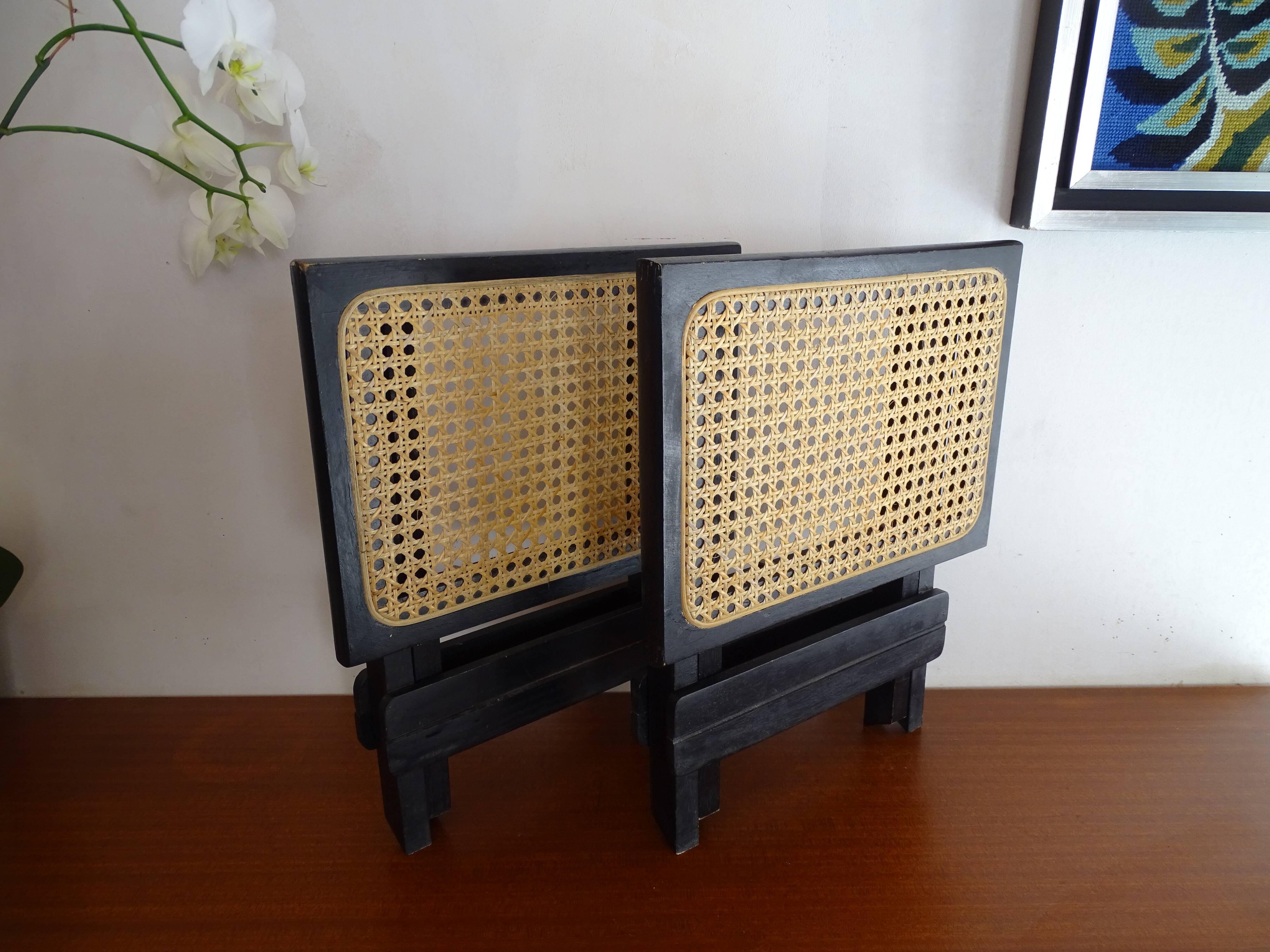 Pair of folding stools wood and wicker