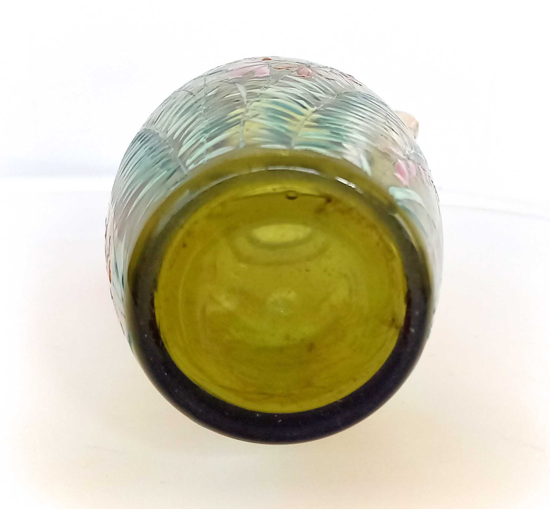 Enamelled green glass vase