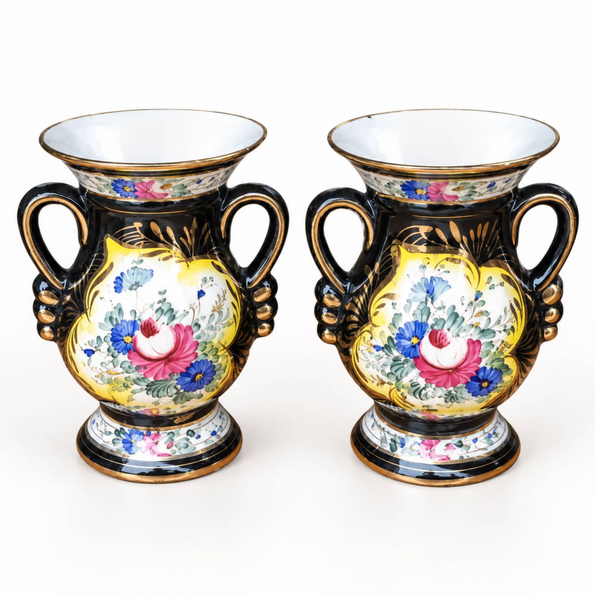 Pair of H. Bequet Quaregnon vases with floral and gold decoration – 20 cm
