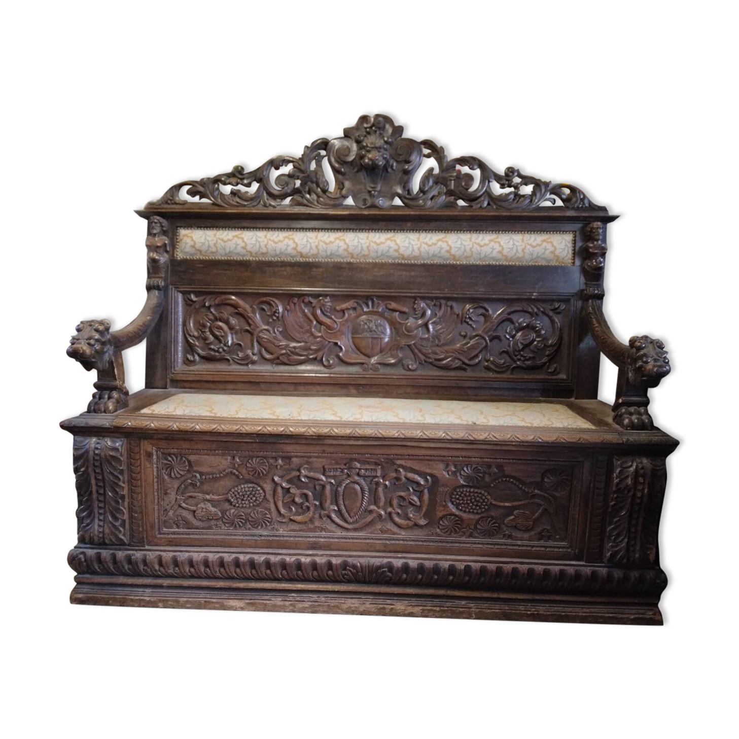19th century carved wooden chest bench