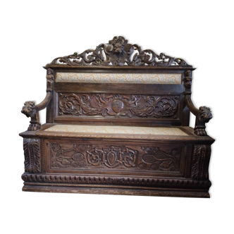19th century carved wooden chest bench