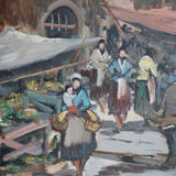 Oil on canvas Neapolitan market scene of the 50s