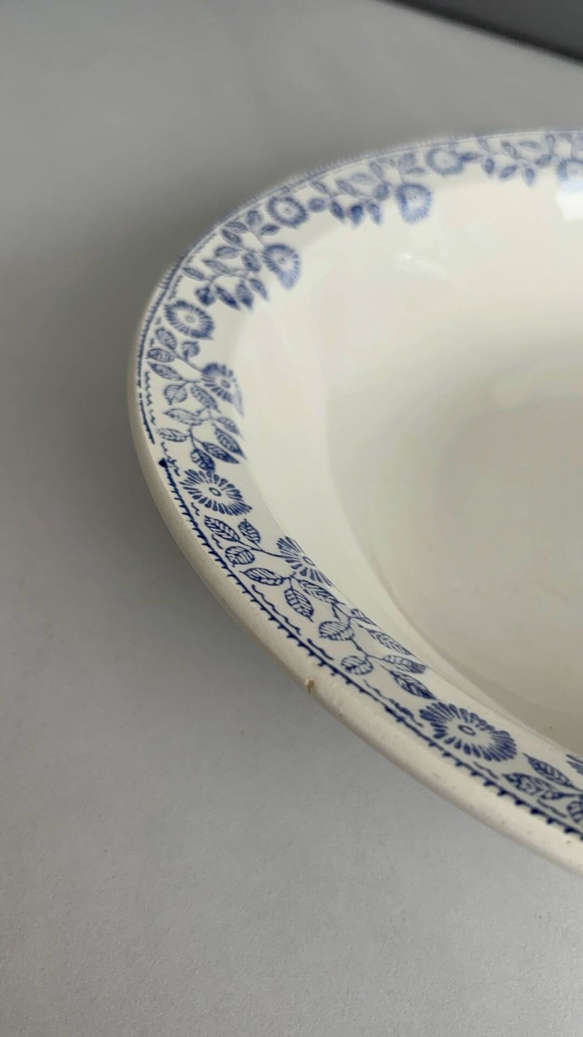 Large round salad bowl, antique blue St-Amandinoise ironstone plate.