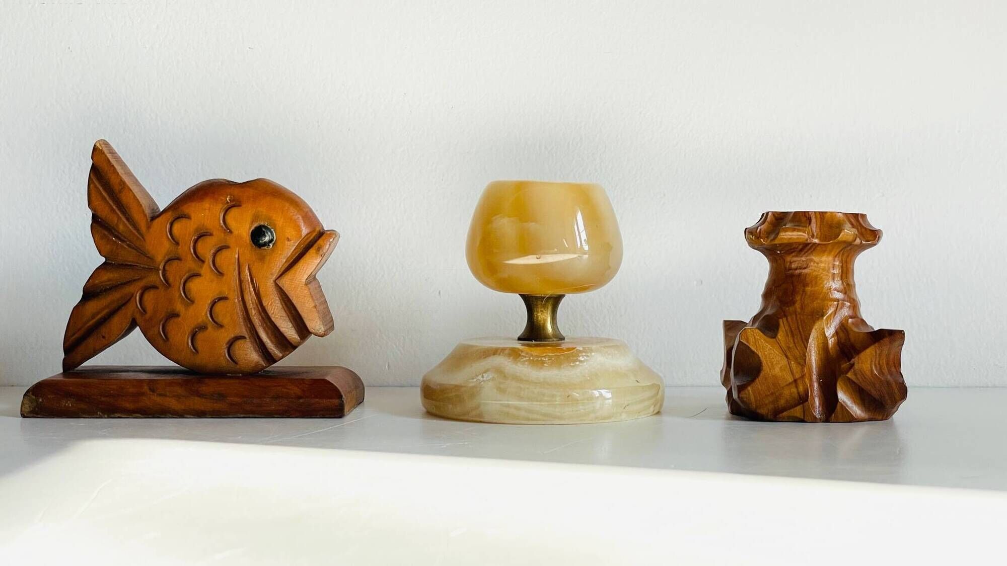 Trio of vintage wood and onyx candle holders