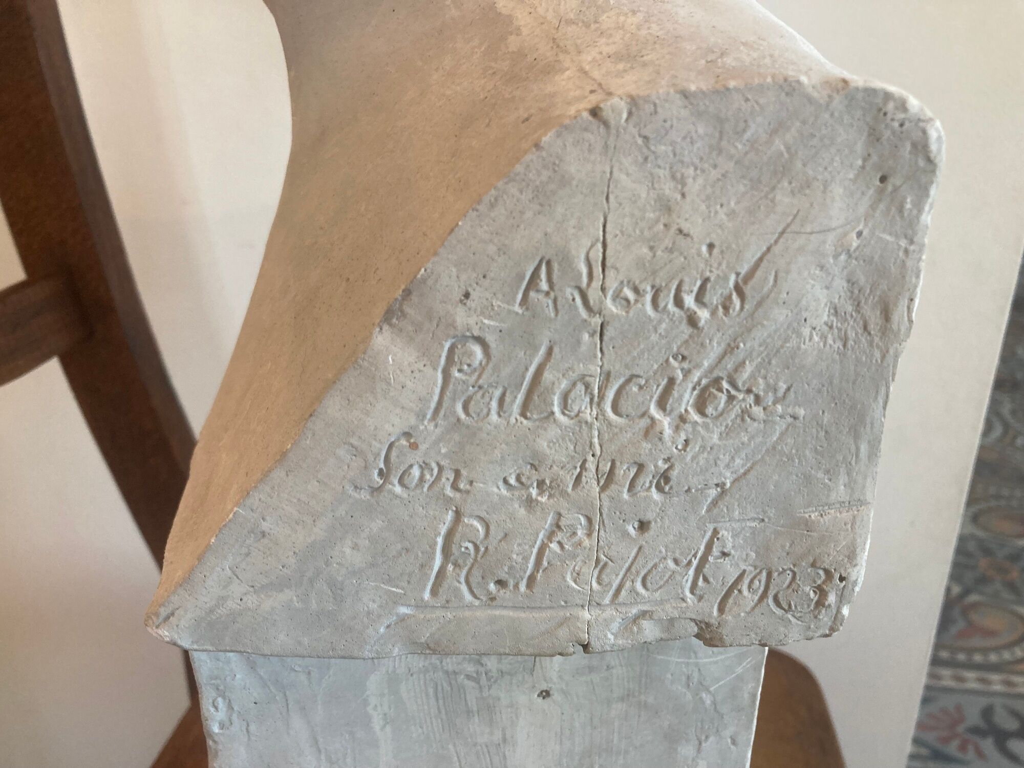 Bust portrait of a child in plaster signed René Pajot for his friend Louis Palacio