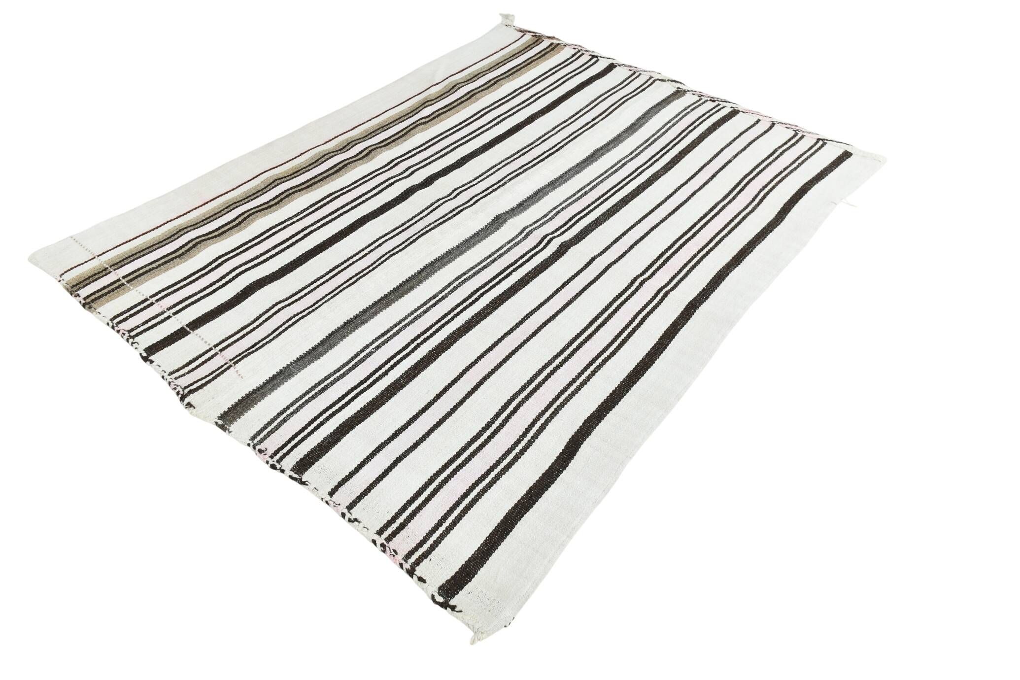 Kilim Turc Vintage Rayé Blanc et Brun, Tapis Bohème Tissé Main,175x220Cm