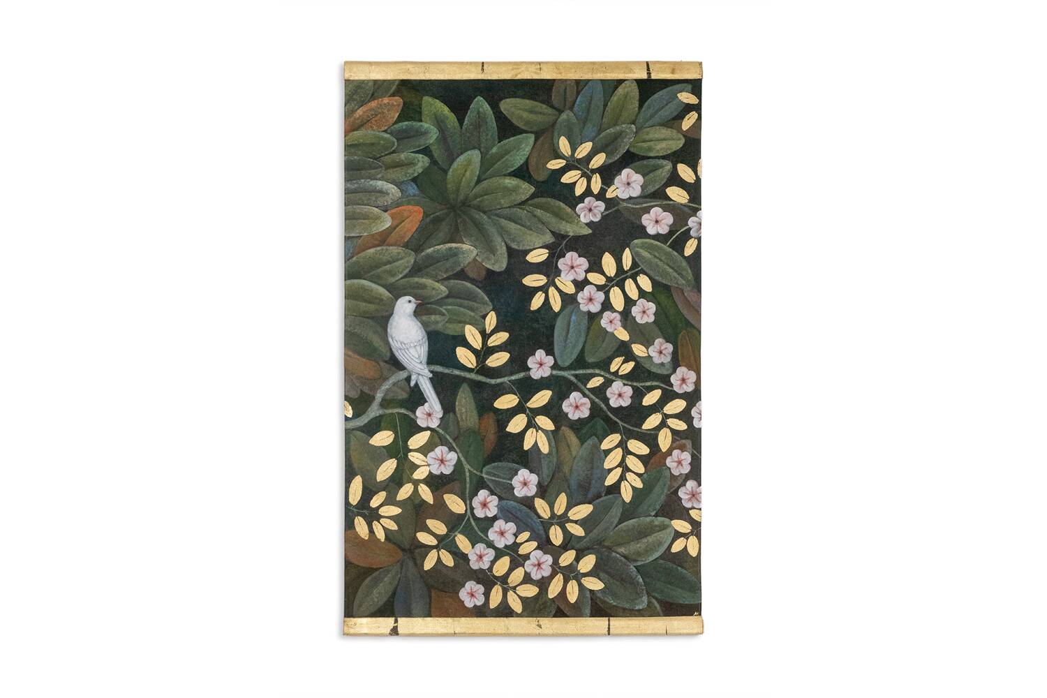 Painted canvas depicting a bird in a floral setting. Contemporary.