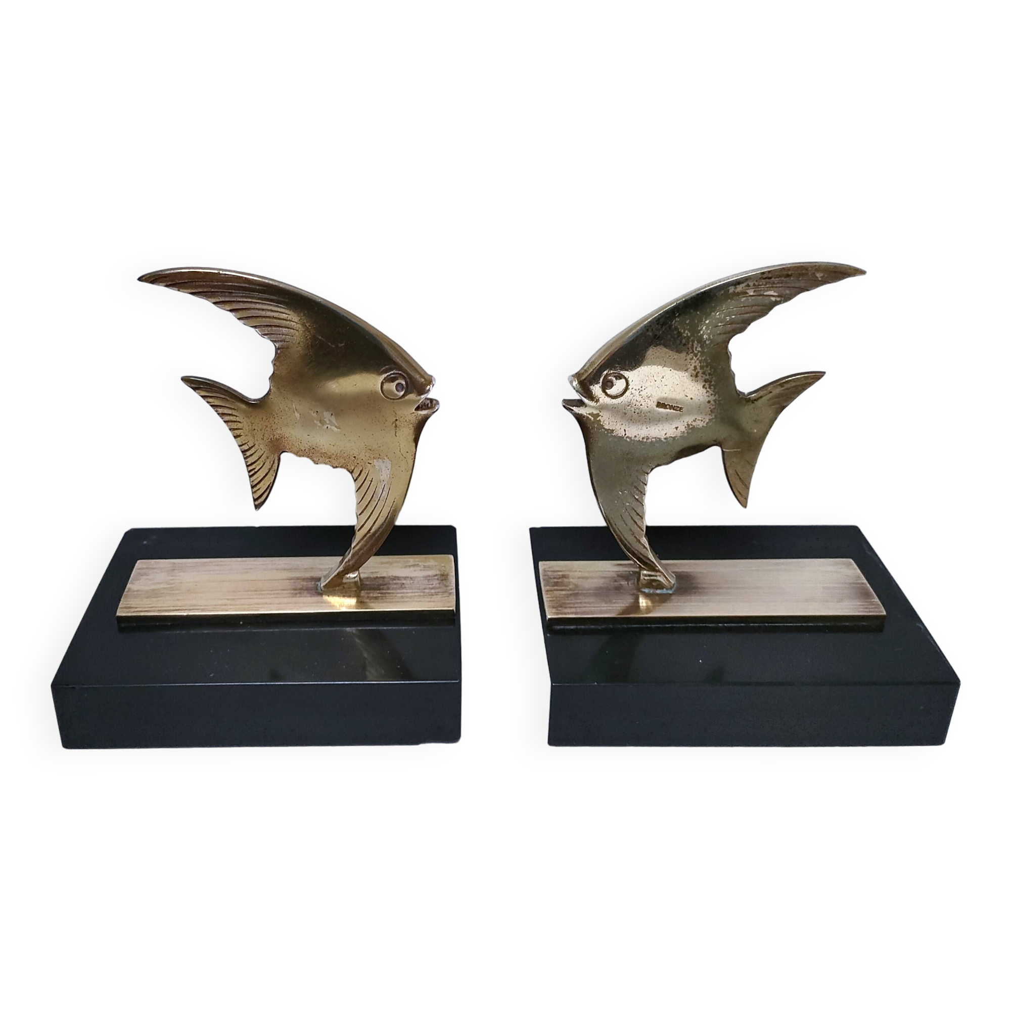 Pair of designer black marble bronze fish bookends