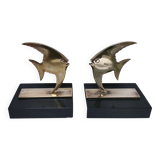 Pair of designer black marble bronze fish bookends